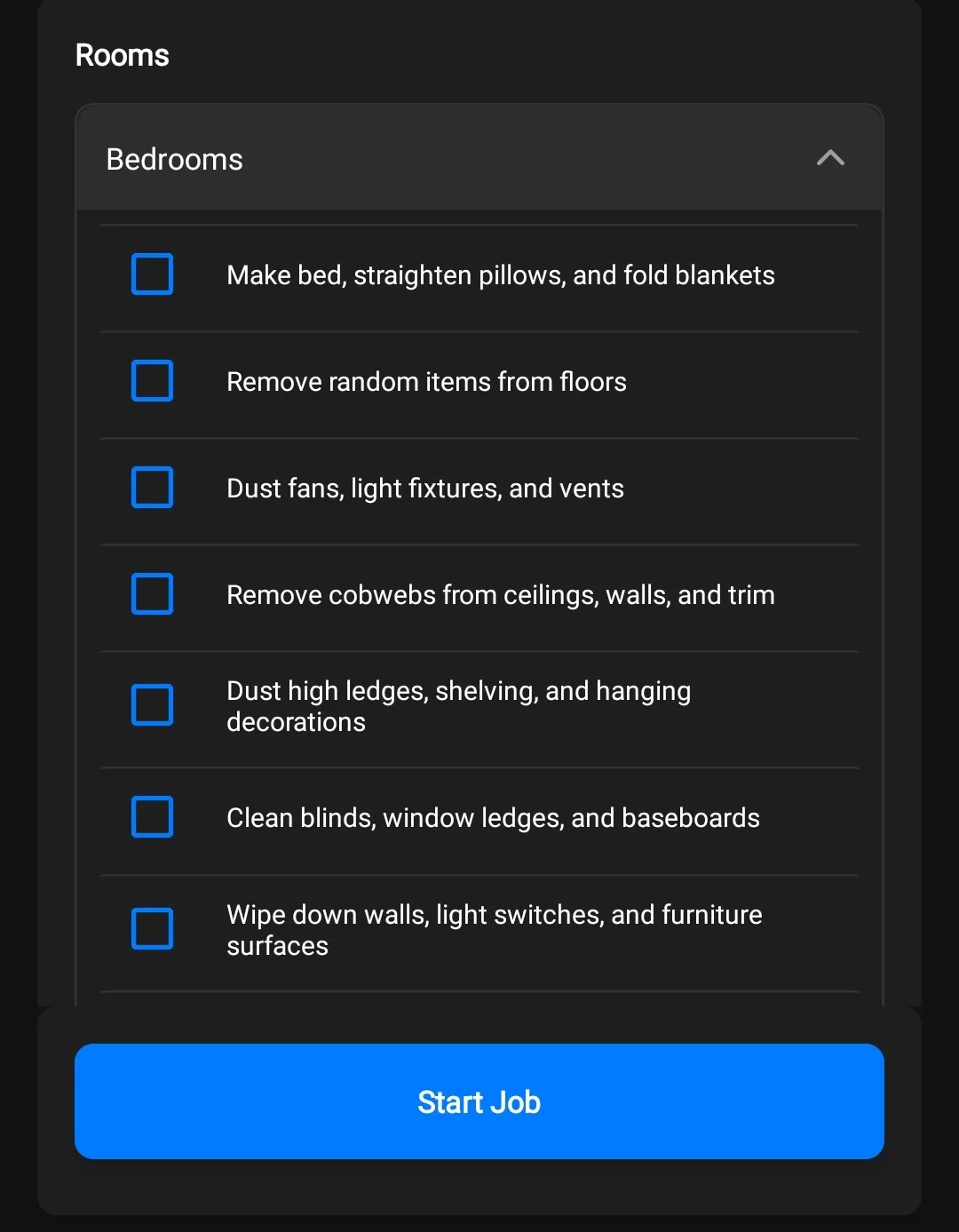 Mobile house cleaning checklist showing detailed bedroom cleaning tasks that field staff use during service visits