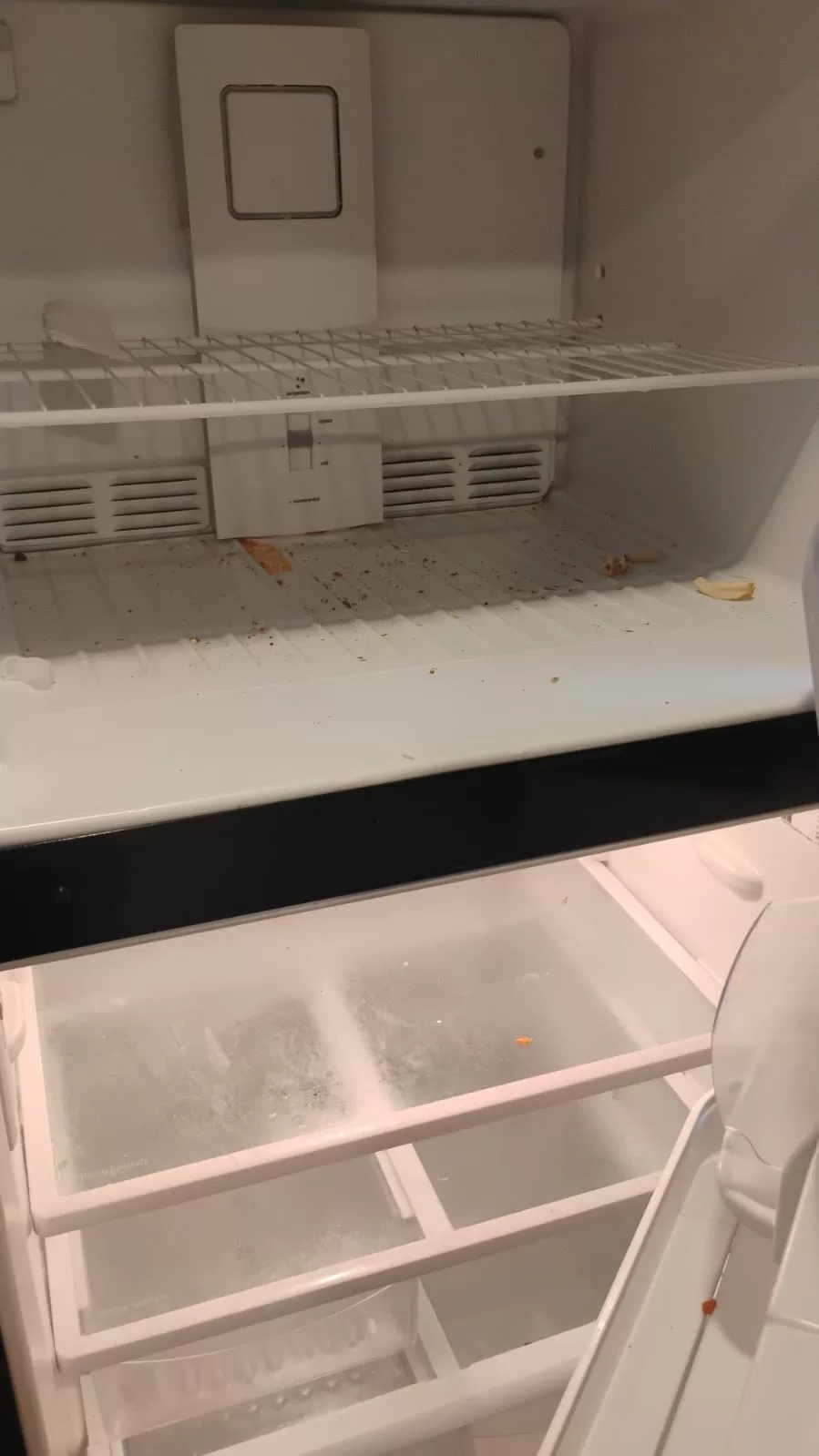 Dirty refrigerator interior with spills and stains before move-out cleaning service