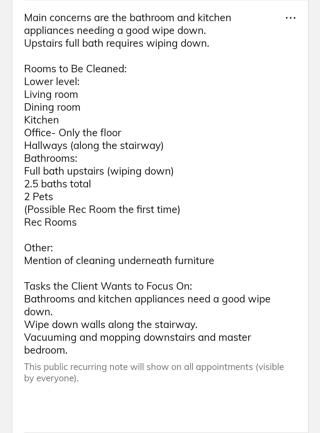 Team notes showing customized room selections and specific cleaning tasks for individual client preferences
